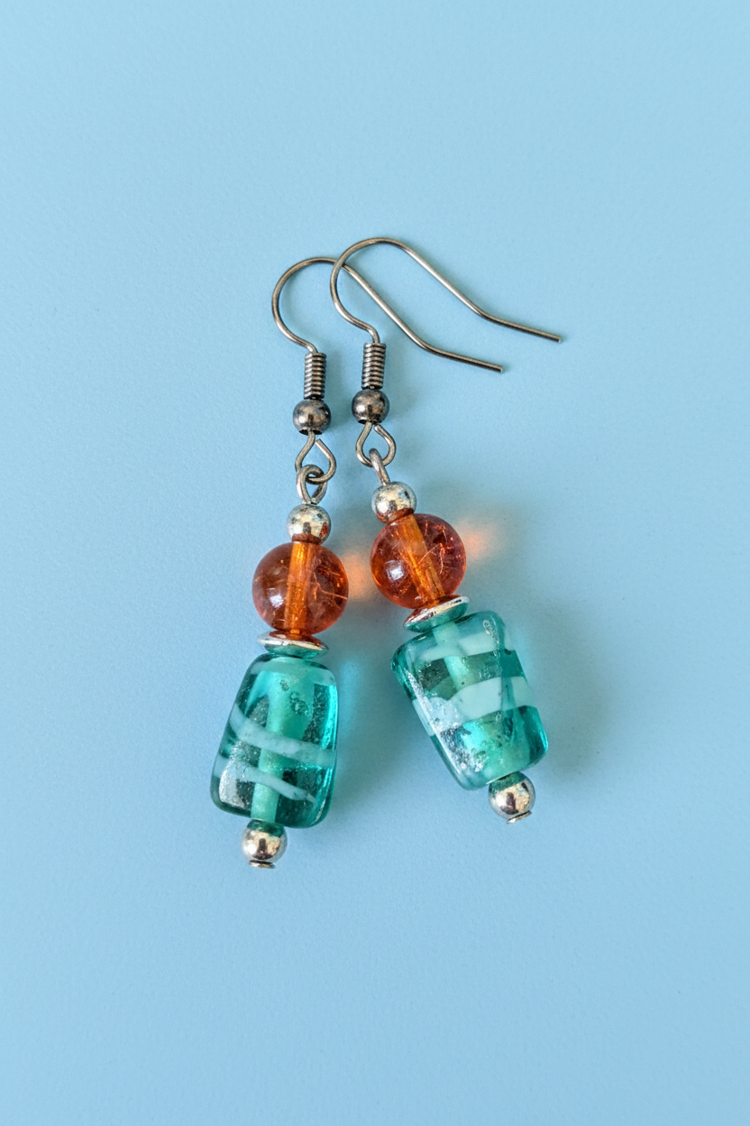 Blue Swirl & Orange Glass Earrings