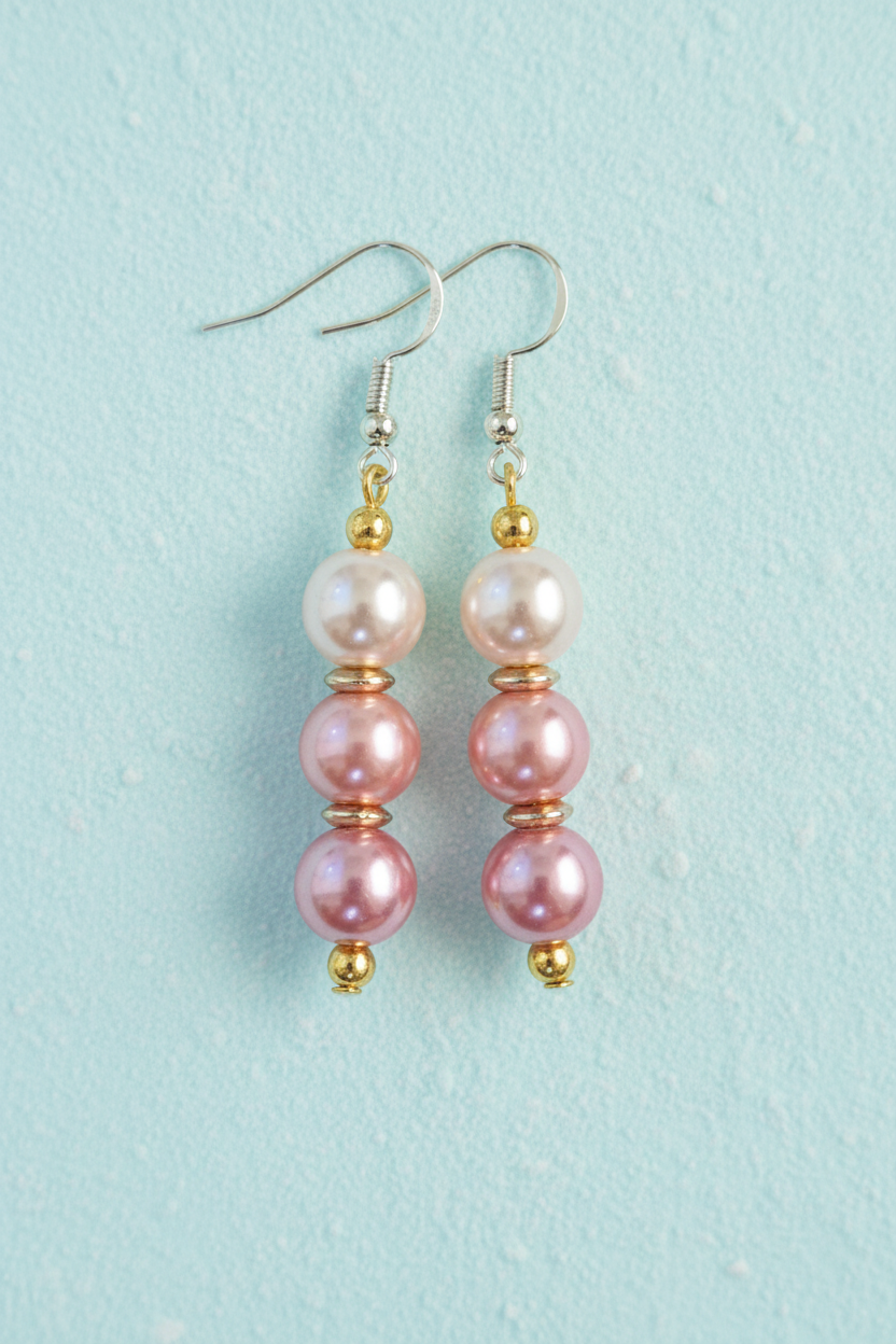 Triple Faux Pearl Earrings (Pink)