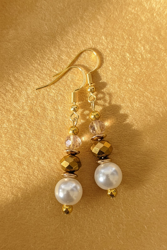 White Faux Pearl & Bronze Earrings