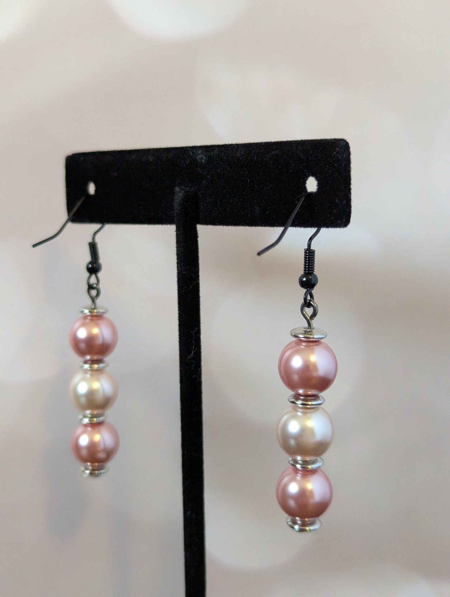 Triple Faux Pearl Earrings (Pink & White)