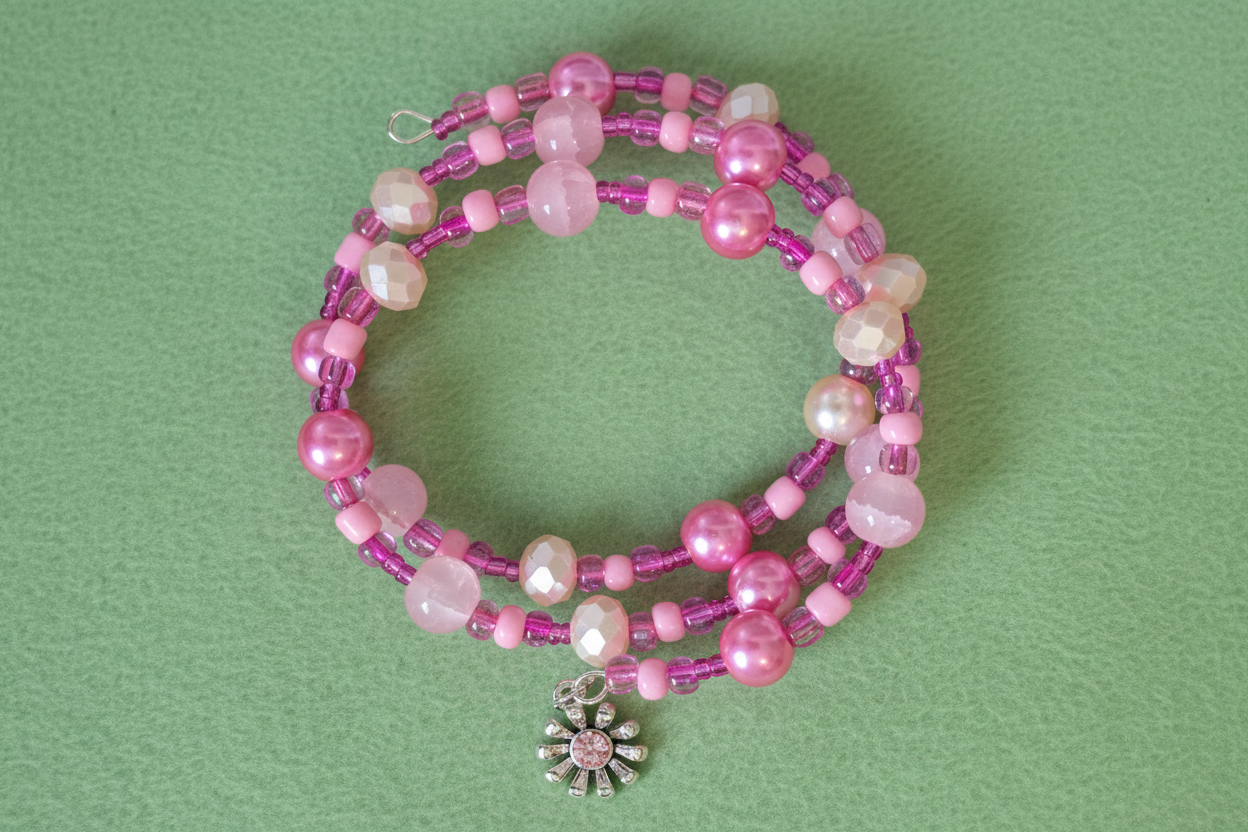 Pink Flower Wire Wrap Bracelet