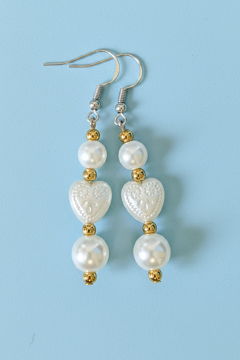 White Heart Faux Pearl Earrings