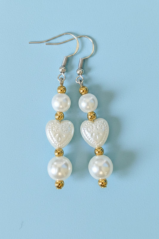 White Heart Faux Pearl Earrings