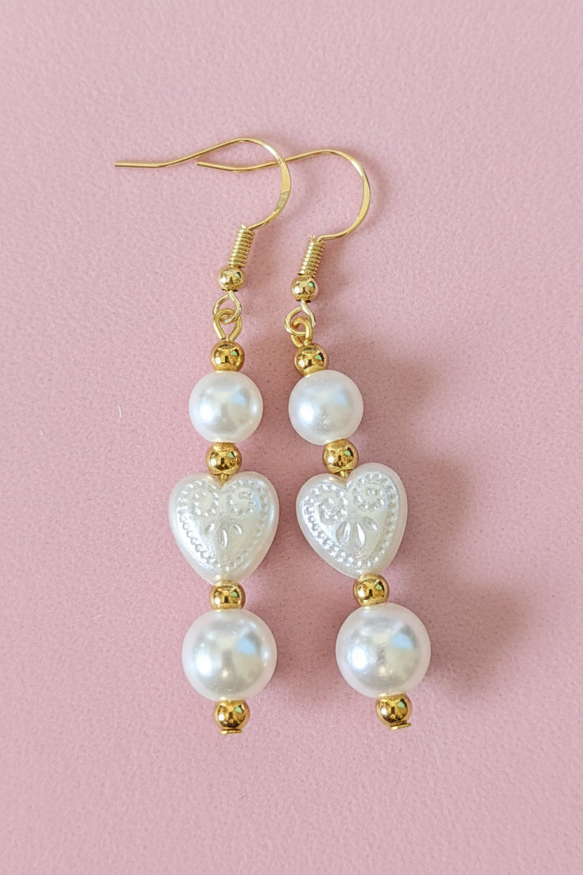 White Heart Faux Pearl Earrings