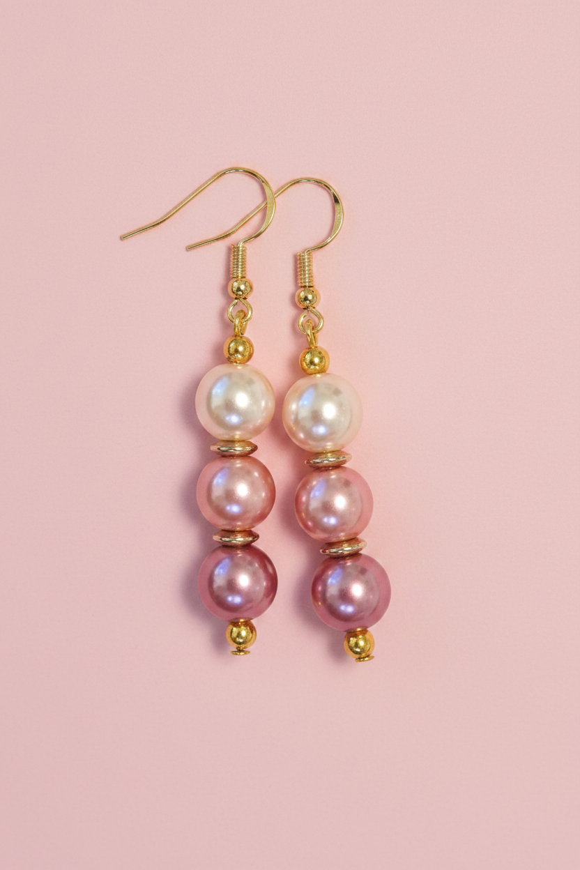 Triple Faux Pearl Earrings (Pink)