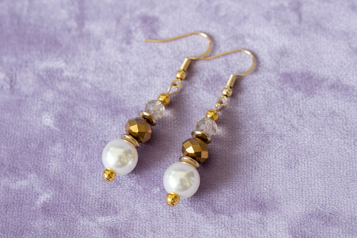 White Faux Pearl & Bronze Earrings