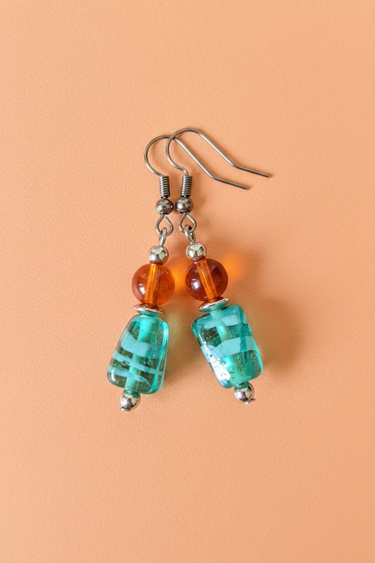Blue Swirl & Orange Glass Earrings