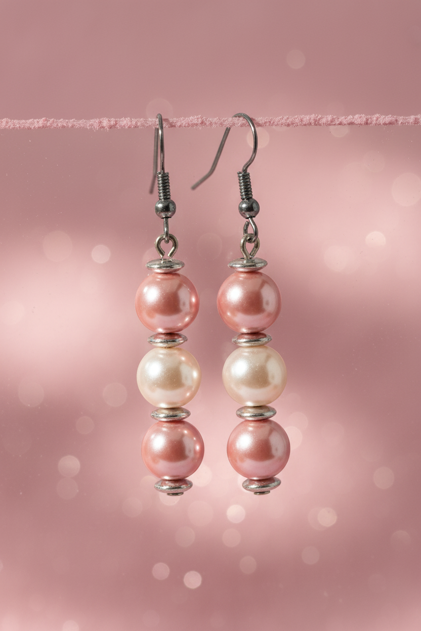 Triple Faux Pearl Earrings (Pink & White)