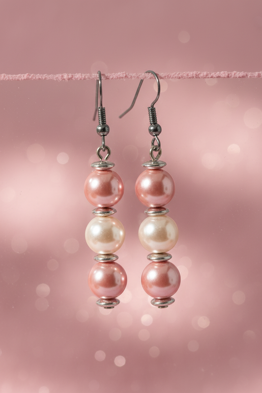 Triple Faux Pearl Earrings (Pink & White)