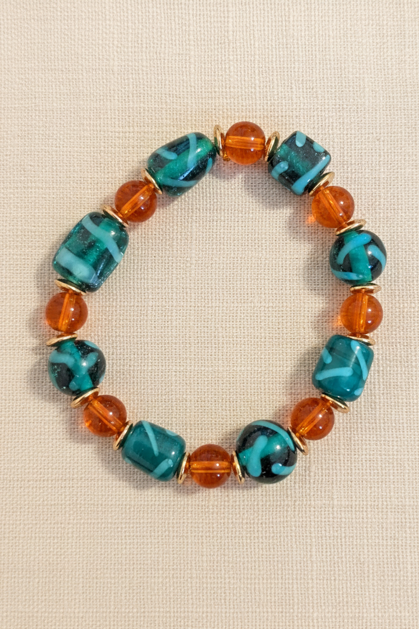 Orange & Blue Glass Bead Bracelet