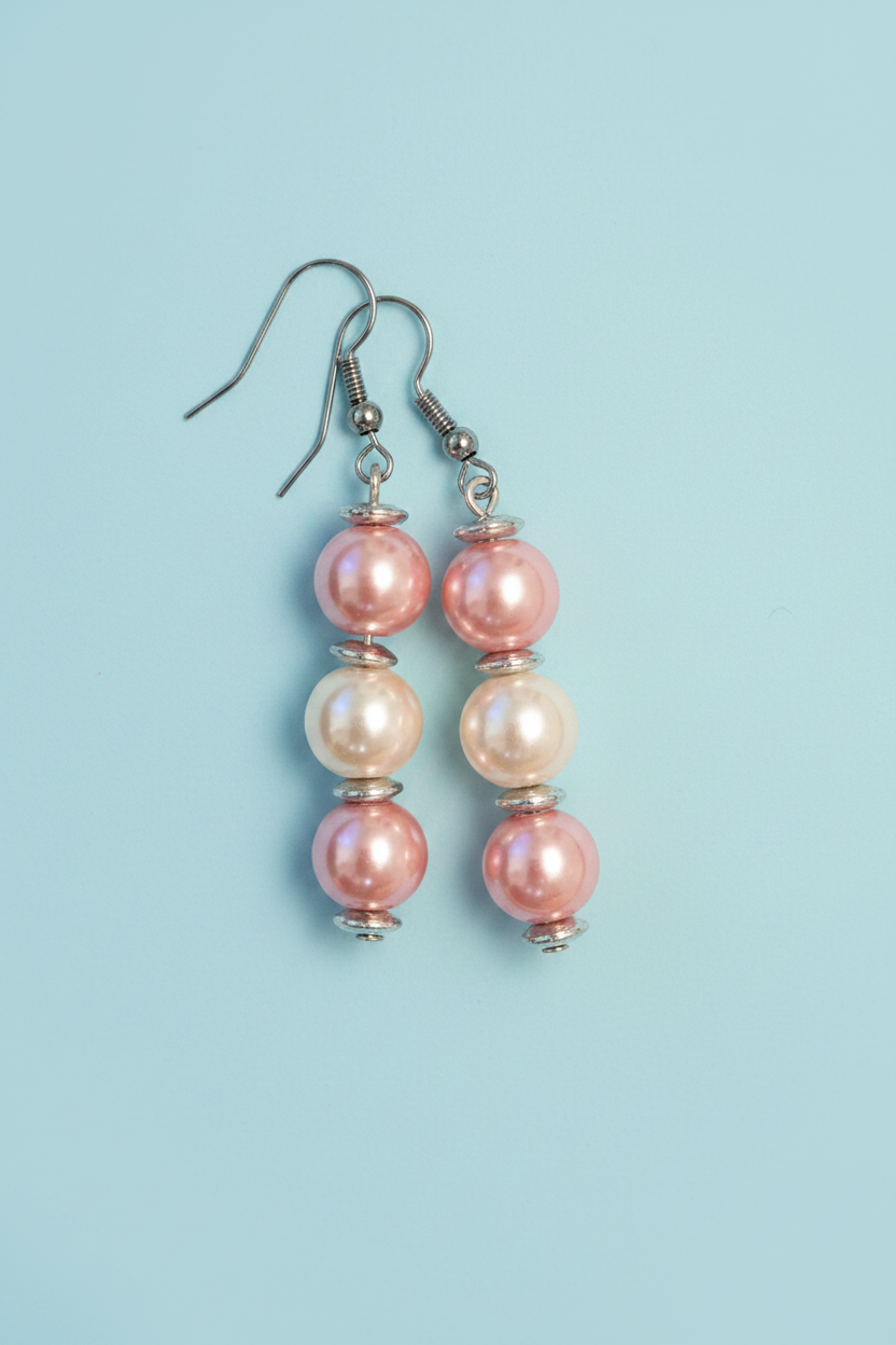 Triple Faux Pearl Earrings (Pink & White)